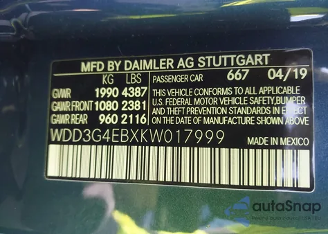 2019 Mercedes-Benz A 220 из США, поврежденный, VIN WDD3G4EBXKW017999